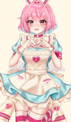 Rule 34 | 1girl, absurdres, ahoge, angel wings, apron, blue dress, blue hair, blush, breasts, choker, commentary, dress, educk, fake wings, fang, frilled apron, frills, hair intakes, hands up, hat, heart, heart hands, heart print, highres, idolmaster, idolmaster cinderella girls, idolmaster cinderella girls starlight stage, low wings, nurse cap, o-ring, o-ring choker, official alternate costume, open mouth, petticoat, pink eyes, pink footwear, pink hair, puffy short sleeves, puffy sleeves, short sleeves, simple background, solo, sparkle print, standing, standing on one leg, striped, tearing up, thighhighs, white apron, white background, wings, wrist cuffs, yumemi riamu, zipper, zipper pull tab