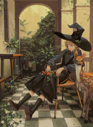 Rule 34 | 1girl, :|, absurdres, arch, black dress, black footwear, black hat, black nails, black ribbon, blonde hair, blue eyes, boots, braid, cat, chair, closed mouth, collared shirt, deer, dress, expressionless, fingernails, flower, frilled dress, frilled sleeves, frills, full body, grey shirt, hair between eyes, hat, highres, indoors, jira, kirisame marisa, leaf, long hair, long sleeves, mushroom, nail polish, neck ribbon, on chair, plant, potted plant, ribbon, shirt, shoelaces, single braid, sitting, solo, table, touhou, watering can, witch hat, yellow flower