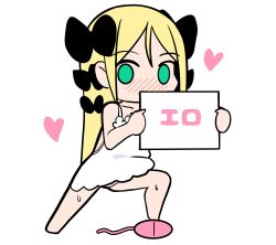 Rule 34 | 1girl, bad id, bad twitter id, bare arms, bare shoulders, barefoot, black bow, blonde hair, blush, bow, can&#039;t show this (meme), chibi, collarbone, commentary, covered mouth, dress, egg vibrator, full body, green eyes, hair between eyes, hair bow, hayate no gotoku!, heart, highres, holding, holding sign, inactive account, long hair, nose blush, original, panties, parted bangs, purple panties, sex toy, sign, simple background, sleeveless, sleeveless dress, solo, standing, surio, sweat, symbol-only commentary, translated, underwear, very long hair, vibrator, white background, white dress