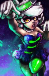 Rule 34 | + +, 1girl, breasts, cleavage, detached collar, dress, earrings, gloves, gradient background, green pantyhose, hat, highres, inkling, jewelry, large breasts, looking at viewer, marie (splatoon), nintendo, nose, open mouth, pantyhose, pointy ears, short hair, solo, sparkle print, splatoon (series), splatoon 1, strapless, strapless dress, tentacle hair, voodoothur, white gloves, white hair, yellow eyes