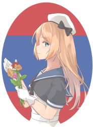Rule 34 | 1girl, bad id, bad pixiv id, blonde hair, blue sailor collar, flower, gloves, green eyes, hat, jervis (kancolle), kantai collection, long hair, pink flower, red flower, sailor collar, short sleeves, smile, solo, tiasis, white gloves, white hat, yellow flower