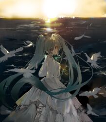 Rule 34 | 1girl, absurdres, aqua eyes, aqua hair, bird, dongsen xuntu, dress, earrings, from side, hatsune miku, highres, jewelry, long dress, long hair, long sleeves, looking to the side, ocean, open mouth, sky, solo, sparkle, sunset, twintails, vocaloid, white bird, white dress