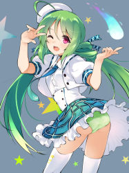 Rule 34 | 1girl, ;d, ahoge, ass, azur lane, beret, black choker, blue necktie, blue skirt, blush, choker, collared shirt, comet, comet (azur lane), commentary request, corset, cowboy shot, cropped jacket, frilled skirt, frills, gradient neckwear, green hair, green necktie, green panties, grey background, hair between eyes, hair rings, hat, jacket, long hair, looking at viewer, necktie, one eye closed, open clothes, open jacket, open mouth, panties, pantyshot, plaid, plaid skirt, puffy short sleeves, puffy sleeves, purple eyes, ribbon, shirt, short sleeves, sidelocks, skirt, smile, solo, standing, star (symbol), starry background, teeth, thighhighs, tilted headwear, twintails, twisted torso, underwear, upper teeth only, v over eye, white hat, white jacket, white shirt, white thighhighs, youhei 64d