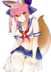 Rule 34 | 10s, 1girl, absurdres, animal ear fluff, animal ears, bad id, bad twitter id, bandeau, blue bow, blue skirt, blush, bow, breasts, cleavage, closed mouth, crop top, crop top overhang, fate/extra, fate (series), fox ears, fox girl, fox tail, hair bow, highres, hip focus, kou mashiro, large breasts, long hair, looking at viewer, navel, neckerchief, pink hair, pleated skirt, red neckerchief, sailor collar, school uniform, see-through, serafuku, short sleeves, sidelocks, skirt, smile, solo, tail, tamamo (fate), tamamo no mae (fate/extra), thighhighs, thighs, twintails, white thighhighs, yellow eyes