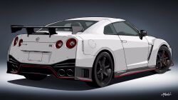 Rule 34 | artist name, black background, car, from behind, highres, motor vehicle, nissan, nissan gt-r, no humans, original, shadow, solo, spoiler (automobile), sports car, vehicle focus, yuh 7929