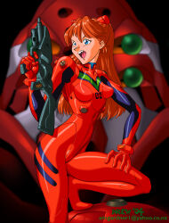 Rule 34 | 1990s (style), 1girl, artist request, blue eyes, bodysuit, breasts, brown hair, bullpup, eva 02, fang, gun, hair between eyes, highres, holding, holding gun, holding weapon, long hair, looking to the side, mecha, medium breasts, neon genesis evangelion, plugsuit, red bodysuit, retro artstyle, robot, shiny clothes, skin tight, souryuu asuka langley, standing, very long hair, weapon, wide hips, window magazine