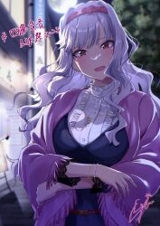 Rule 34 | 1girl, absurdres, blurry, blurry background, blush, breasts, center frills, collar, crossed arms, frilled collar, frills, happy birthday, highres, idolmaster, idolmaster (classic), idolmaster million live!, large breasts, light purple hair, looking at viewer, moon, night, outdoors, purple shawl, shawl, shijou takane, sionxxxgtxtxtu, smile, solo