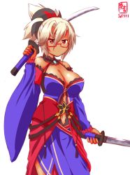 Rule 34 | &gt;:), 1girl, alternate costume, alternate hairstyle, breasts, brown eyes, cleavage, collarbone, commentary request, cosplay, dark-skinned female, dark skin, dated, detached sleeves, dual wielding, fate/grand order, fate (series), glasses, hair ornament, highres, holding, kanon (kurogane knights), kantai collection, katana, long hair, looking at viewer, magatama, miyamoto musashi (fate), miyamoto musashi (fate) (cosplay), miyamoto musashi (third ascension) (fate), musashi (kancolle), name connection, navel, ponytail, silver hair, simple background, smile, solo, sword, v-shaped eyebrows, weapon, white background