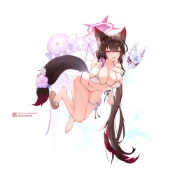 Rule 34 | 1girl, absurdres, ahoge, animal ear fluff, animal ears, bare shoulders, barefoot, bead bracelet, beads, bikini, blue archive, blush, bracelet, breasts, brown hair, cleavage, collarbone, floating, flower, fox ears, fox girl, fox mask, fox tail, full body, hair flower, hair ornament, halo, highres, innertube, jewelry, large breasts, lifting another&#039;s clothes, lifting person, liwendala, long hair, looking at viewer, mask, navel, ribbon, simple background, smile, solo, string bikini, swim ring, swimsuit, tail, tail flower, tail ornament, thigh strap, thighs, toes, twintails, very long hair, wakamo (blue archive), wakamo (swimsuit) (blue archive), white background, white bikini