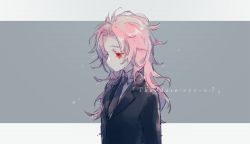 Rule 34 | 1boy, black jacket, black necktie, black suit, chairan, collared shirt, commentary, english commentary, formal, hatsutori hajime, highres, jacket, long hair, long sleeves, male focus, necktie, parted bangs, pink hair, red eyes, saibou shinkyoku, shirt, solo, suit, suit jacket, upper body, white shirt