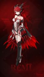 Rule 34 | 1girl, absurdres, bodysuit, boots, breasts, choker, detached sleeves, facial mark, highres, knee boots, long hair, original, pixiv fantasia, pixiv fantasia t, red background, red hair, sharatang, solo, thigh strap