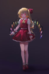 Rule 34 | 1girl, absurdres, ascot, bow, brown footwear, collared shirt, crystal wings, flandre scarlet, full body, gradient background, hair bow, highres, one side up, red bow, red eyes, red skirt, red vest, reddizen, shirt, short hair, short sleeves, sideways glance, skirt, smile, socks, straight-on, touhou, vest, white shirt, white socks, wrist cuffs, yellow ascot