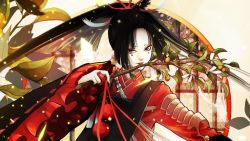 Rule 34 | 10s, 1boy, black hair, branch, feather hair ornament, feathers, fingernails, feather hair ornament, japanese clothes, kogarasumaru (touken ranbu), lipstick, looking at viewer, makeup, male focus, official art, pale skin, parted lips, pom pom (clothes), ponytail, red lips, screencap, sharp fingernails, smile, solo, touken ranbu, touken ranbu: hanamaru, upper body