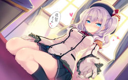 Rule 34 | 10s, 1girl, ascot, beret, blue eyes, blush, commentary request, curtains, epaulettes, foreshortening, frilled sleeves, frills, gloves, hair between eyes, hat, heart, jacket, kantai collection, kashima (kancolle), lap pillow invitation, light smile, long hair, long sleeves, looking at viewer, military, military uniform, minamura haruki, miniskirt, outstretched hand, patting, pleated skirt, sidelocks, silver hair, sitting, skirt, smile, solo, translation request, tsurime, twintails, uniform, wariza, wavy hair, white gloves, window