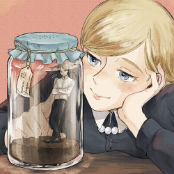 Rule 34 | 1boy, 1girl, ^^^, blonde hair, blouse, blue eyes, blush, character name, collared shirt, enko (bbbbin), eren and historia (attack on titan), eren yeager, eyelashes, head rest, highres, jewelry, krista lenz, mini person, miniboy, necklace, red background, shingeki no kyojin, shirt, simple background, smile, standing, swept bangs, white shirt
