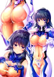 Rule 34 | 1girl, ahoge, ak1222dece, arms at sides, ass, ayamine kei, blue bodysuit, blue hair, bodysuit, breasts, cameltoe, cleavage, cleft of venus, closed mouth, covered collarbone, covered erect nipples, covered navel, cowboy shot, fortified suit, from behind, hand on own hip, hand up, highres, jitome, large breasts, looking at viewer, medium hair, multicolored bodysuit, multicolored clothes, multiple views, muv-luv, open hand, parted lips, purple eyes, shiny clothes, simple background, skin tight, spiked hair, standing, steam, sweat, undressing, white background, white bodysuit
