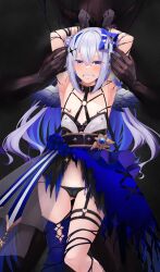Rule 34 | 1girl, absurdres, amane kanata, amane kanata (another world), angel, angel wings, armband, armpits, black panties, blue hair, blue thighhighs, blush, bound, clenched teeth, collar, colored inner hair, disembodied hand, double bun, flat chest, gloves, grey hair, hair between eyes, hair bun, highres, hololive, izu (tea value lord), long hair, multicolored hair, nipples, panties, purple eyes, single thighhigh, solo, teeth, thigh strap, thighhighs, tied up (nonsexual), underwear, virtual youtuber, wings