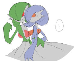 Rule 34 | ..., 2girls, alternate color, arm around waist, blue hair, blue skin, bob cut, clenched hand, colored skin, creatures (company), female focus, flat chest, flat color, game freak, gardevoir, gen 3 pokemon, green hair, green skin, hair over one eye, hand up, happy, multicolored skin, multiple girls, nintendo, one eye covered, orange eyes, parted lips, pokemon, pokemon (creature), red eyes, shiny pokemon, short hair, simple background, sketch, smile, speech bubble, spoken ellipsis, standing, tem (tem konp10), two-tone skin, white background, white skin