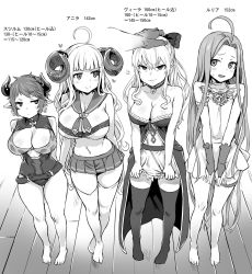 Rule 34 | 10s, 4girls, ahoge, anger vein, angry, anila (granblue fantasy), arms behind back, asanagi, bare legs, bare shoulders, barefoot, blunt bangs, bow, breasts, choker, cleavage cutout, clothing cutout, crossed legs, draph, dress, dress tug, earrings, fingerless gloves, full body, glaring, gloves, granblue fantasy, greyscale, hair bow, headpat, heart, height chart, highres, horns, jewelry, large breasts, leotard, long hair, lyria (granblue fantasy), midriff, miniskirt, monochrome, multiple girls, navel, parted bangs, pleated skirt, pointy ears, ribbon trim, sailor collar, short dress, short hair, shortstack, sidelocks, skirt, smile, standing, sturm (granblue fantasy), sweatdrop, text focus, thigh strap, thighhighs, translated, very long hair, vira (granblue fantasy)