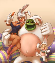 Rule 34 | 1girl, alternate costume, animal costume, animal ears, battle bunny riven, belt, breasts, carrot, cottontail teemo, dark skin, detached collar, fake animal ears, fang, folded ponytail, gloves, green eyes, highres, large breasts, league of legends, leotard, monster boy, necktie, nestkeeper, playboy bunny, rabbit ears, riven (league of legends), short hair, silver hair, size difference, slime boy, teemo, watermark, web address, white gloves, zac (league of legends)