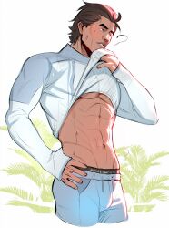 Rule 34 | 1boy, abs, absurdres, boxers, brown hair, bulge, cheekbones, clothes lift, dark-skinned male, dark skin, groin, hair slicked back, hand on own hip, highres, male focus, male underwear, marvel, miguel o&#039;hara, muscular, muscular male, pants, pectorals, red eyes, shirt lift, short hair, sleeves past wrists, sofit, solo, spider-man: across the spider-verse, spider-man (series), spider-verse, sweat, sweatpants, underpec, underwear, wiping face