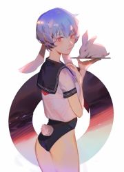 Rule 34 | 1girl, animal, animal ears, ass, ayanami rei, bad id, bad pixiv id, blue hair, blush, breasts, closed mouth, collar, commentary, from behind, hair between eyes, holding, interface headset, kui, leotard, lips, looking at viewer, looking back, neon genesis evangelion, rabbit, rabbit ears, rabbit girl, rabbit tail, red eyes, sailor collar, school uniform, serafuku, shirt, short hair, short sleeves, simple background, solo, tail, white background