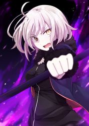 Rule 34 | 1girl, 2018, ahoge, artist name, black dress, blue jacket, breasts, dated, dress, fate/grand order, fate (series), fur-trimmed sleeves, fur collar, fur trim, highres, jacket, jeanne d&#039;arc (fate), jeanne d&#039;arc alter (fate), jeanne d&#039;arc alter (ver. shinjuku 1999) (fate), medium breasts, misora deco, official alternate costume, open clothes, open jacket, open mouth, short hair, solo, teeth, white hair, wicked dragon witch ver. shinjuku 1999, yellow eyes