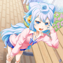 Rule 34 | 123inari, 1boy, bad id, bad pixiv id, bench, blue eyes, blue hair, blush, candy, commentary, commentary request, crossdressing, flower, food, hacka doll, hacka doll 3, highres, jewelry, lollipop, long hair, looking at viewer, male focus, necklace, open mouth, outdoors, park bench, pleated skirt, school uniform, skirt, smile, solo, sweater, trap, v