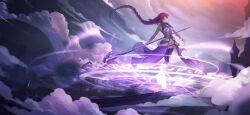 1girl belt black_pantyhose boots braid braided_ponytail breasts closed_eyes cloud cloudy_sky commentary dress eiyuu_densetsu emma_millstein floating floating_hair from_side full_body hajimari_no_kiseki highres holding holding_staff knee_boots lancefate large_breasts levitation long_hair magic magic_circle multiple_belts outdoors pantyhose profile purple_dress purple_hair sen_no_kiseki sen_no_kiseki_(series) sen_no_kiseki_iii sen_no_kiseki_iv sky solo staff white_belt white_footwear