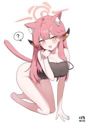 Rule 34 | 1girl, :d, ?, absurdres, animal ear fluff, animal ears, aru (blue archive), blue archive, blush, bottomless, breasts, cat ears, cat girl, fang, halo, highres, horns, kemonomimi mode, large breasts, looking at viewer, myeolchi, off shoulder, open mouth, orange halo, paw pose, pink hair, simple background, smile, spoken question mark, thighs, white background