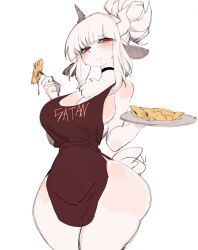 Rule 34 | 1girl, animal ears, apron, blush, breasts, choker, cleavage, crepe, demon girl, demon horns, food, fork, furry, furry female, goat, goat ears, goat girl, goat tail, hair bun, helltaker, highres, holding, holding plate, horns, large breasts, long hair, looking at viewer, lucifer (helltaker), naked apron, plate, red eyes, sideboob, thick thighs, thighs, usa37107692, white fur, white hair, wide hips