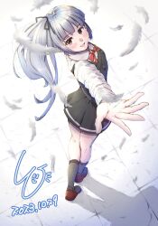 Rule 34 | 1girl, arm warmers, artist logo, black dress, brown eyes, collared shirt, dated, dress, dress shirt, feathers, foreshortening, from above, grey hair, highres, kantai collection, kasumi (kancolle), ld (luna dial398), long hair, long sleeves, looking at viewer, looking back, neck ribbon, pinafore dress, red ribbon, ribbon, shirt, side ponytail, sleeveless, sleeveless dress, solo, standing, white shirt