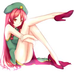 Rule 34 | 1girl, bad id, bad pixiv id, bare legs, braid, breasts, brown eyes, china dress, chinese clothes, chorin, dress, female focus, full body, hat, high heels, hong meiling, hugging own legs, leg up, legs, long hair, medium breasts, orange eyes, red eyes, red hair, shoes, simple background, smile, solo, star (symbol), touhou, twin braids, very long hair