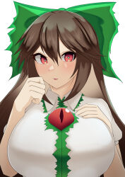 Rule 34 | 1girl, absurdres, blush, bow, breast suppress, breasts, brown hair, collared shirt, commentary request, green bow, green pupils, hair between eyes, hair bow, highres, huge breasts, kibagon (shirotsume), large breasts, long bangs, long hair, looking at viewer, open mouth, puffy short sleeves, puffy sleeves, red eyes, reiuji utsuho, shirt, short sleeves, simple background, solo, third eye, touhou, upper body, white background, white shirt