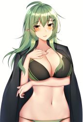 Rule 34 | 1girl, ahoge, arknights, bikini, bikini under clothes, black bikini, black coat, blush, breast hold, breasts, cleavage, coat, collarbone, commentary, ear piercing, gavial (arknights), green bikini, green hair, hair between eyes, hair ornament, hairclip, hand on own chest, hand up, highres, indonesian commentary, jacket, jacket on shoulders, kitsune udon (ai br), large breasts, long hair, looking at viewer, midriff, navel, parted lips, piercing, pointy ears, sidelocks, simple background, smile, solo, standing, swimsuit, two-tone bikini, upper body, white background, yellow eyes