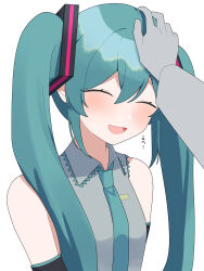 Rule 34 | 1girl, 1other, bentou (bentou 1), blue hair, blush, closed eyes, collared shirt, commentary, detached sleeves, hatsune miku, headpat, highres, long hair, necktie, open mouth, shirt, sleeveless, sleeveless shirt, smile, solo focus, translated, twintails, upper body, vocaloid