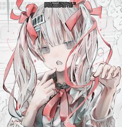Rule 34 | 1girl, absurdres, aiamu iamu, artist name, clothing request, collared shirt, commentary, commentary request, finger to mouth, grey eyes, grey hair, hair between eyes, hair ornament, hair ribbon, hairclip, hands up, highres, holding, holding ribbon, jitome, long hair, looking at viewer, neck ribbon, open mouth, original, red ribbon, ribbon, shirt, signature, simple background, solo, twintails, upper body, white background, white shirt