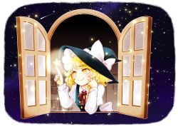 Rule 34 | 1girl, absurdres, black hat, black vest, blonde hair, blush, bookshelf, bow, bowtie, braid, buttons, closed mouth, collared shirt, glowing, hair bow, hands up, hat, hat bow, highres, kirisame marisa, long sleeves, looking at object, open window, papiko (papiko8901), plaid, plaid bow, plaid bowtie, pointing, red bow, red bowtie, shirt, short hair, single braid, sky, sleeve cuffs, smile, solo, star (sky), star (symbol), starry sky, touhou, upper body, vest, waist bow, wavy hair, white bow, white shirt, window, witch hat, yellow eyes