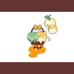 Rule 34 | basket, bow, cat, commentary, english commentary, ghost, gourd, letterboxed, limited palette, mo.ram, no humans, orange bow, original, pixel art, shadow, simple background, white background