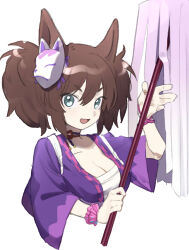 Rule 34 | 1girl, animal ears, breasts, brown hair, chest sarashi, cleavage, cropped torso, fang, fox mask, gohei, green eyes, hair between eyes, highres, holding, holding gohei, horse ears, inari one (umamusume), japanese clothes, kimono, looking at viewer, mask, mask on head, michia (bourgognepony), open mouth, purple kimono, sarashi, scrunchie, short hair, skin fang, small breasts, smile, solo, umamusume, upper body, white background, wrist scrunchie