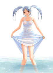 Rule 34 | 1girl, blue hair, blush, breasts, brown eyes, clothes lift, dragon@harry, dress, dress lift, grin, highres, legs, looking at viewer, medium breasts, original, partially submerged, ripples, see-through, smile, solo, sparkle, standing, twintails, wading, water, wet, wet clothes