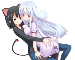 Rule 34 | 2girls, :q, animal ears, ass, ass grab, bad id, bad pixiv id, black hair, blush, breast press, breasts, brown eyes, cat ears, cat tail, colored eyelashes, earrings, embarrassed, extra ears, eyelashes, grabbing another&#039;s ass, groping, homura subaru, hug, jewelry, long hair, medium breasts, multiple girls, naughty face, original, pantyhose, rabbit ears, red eyes, short hair, silver hair, simple background, star (symbol), star earrings, tail, tongue, tongue out, yuri