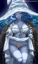 Rule 34 | 1girl, absurdres, alternate breast size, blue eyes, blue hair, blue skin, breasts, cleavage, closed mouth, clothes lift, colored skin, cracked skin, doll joints, dress, dress lift, elden ring, enma (enmanuelart), extra arms, fingernails, hat, highres, joints, large breasts, lifting own clothes, lips, looking at viewer, medium hair, one eye closed, panties, patreon username, ranni the witch, smile, solo, underwear, white dress, white hat, witch, witch hat