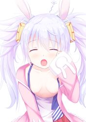 Rule 34 | 1girl, :o, animal ears, azur lane, blush, breasts, camisole, closed eyes, collarbone, commentary request, downblouse, facing viewer, hair between eyes, hair ornament, highres, jacket, laffey (azur lane), long hair, long sleeves, nipples, no bra, open clothes, open jacket, open mouth, pink jacket, pleated skirt, rabbit ears, red skirt, silver hair, simple background, skirt, sleeves past wrists, small breasts, solo, tears, twintails, uroq, very long hair, white background, white camisole, yawning