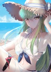 Rule 34 | 1girl, absurdres, beach, bikini, blue sky, blurry, blurry background, breasts, budgiepon, c.c., cleavage, closed mouth, code geass, collarbone, collared shirt, day, floating hair, front-tie bikini top, front-tie top, green hair, hair between eyes, hat, highres, long hair, medium breasts, outdoors, sarong, see-through, see-through shirt, shirt, short sleeves, sky, solo, straw hat, sun hat, swimsuit, thigh strap, tied shirt, very long hair, white bikini, wing collar, yellow eyes
