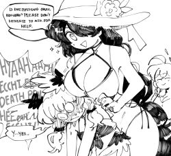 Rule 34 | &lt;|&gt; &lt;|&gt;, 3girls, ahoge, behind another, bikini, blue archive, blush, bow, breast rest, breasts, breasts on head, cleavage, closed eyes, closed mouth, commentary, cowboy shot, english commentary, english text, flower, greyscale, hair bow, hair over one eye, halo, halterneck, hanako (blue archive), hanako (swimsuit) (blue archive), hat, hat flower, head wings, height difference, highres, hinata (blue archive), hinata (swimsuit) (blue archive), kinzaibatsu91, koharu (blue archive), koharu (swimsuit) (blue archive), large breasts, leaning forward, long hair, looking at another, low twintails, low wings, monochrome, multiple girls, multiple hair bows, nervous, nose blush, official alternate costume, one eye covered, simple background, smile, sparkle, speech bubble, sun hat, swimsuit, thought bubble, twintails, very long hair, wide-eyed, wings