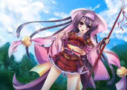 Rule 34 | 1girl, armor, bad id, bad pixiv id, bell, blue sky, blush, bow, cloud, cloudy sky, dress, dutch angle, forest, hair bow, hairband, highres, holding, holding weapon, long hair, long sleeves, looking at viewer, nature, open mouth, original, outdoors, polearm, purple hair, sash, short dress, sky, solo, tomcho, traditional clothes, tree, weapon, wide sleeves