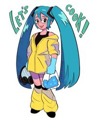 Rule 34 | 1girl, 2002 (02pollos), bag, black eyes, black tank top, blue gloves, blue hair, breaking bad, commentary, cosplay, english commentary, gas mask, glasses, gloves, hair behind ear, hatsune miku, highres, holding, holding bag, holding mask, jacket, looking at viewer, mask, unworn mask, methamphetamine, open mouth, smile, solo, tank top, tube socks, twintails, vocaloid, walter white, walter white (cosplay), white background, yellow jacket
