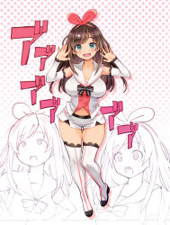 Rule 34 | 1girl, :d, alternate breast size, blue eyes, blush, boots, bow, breasts, brown hair, cleavage, detached sleeves, full body, hair bow, hairband, kizuna ai, kizuna ai inc., lace, lace-trimmed legwear, lace-trimmed sleeves, lace trim, large breasts, long hair, looking at viewer, multicolored hair, navel, open mouth, pink bow, pink hair, round teeth, ryoji (nomura ryouji), sailor collar, short shorts, shorts, smile, solo, streaked hair, teeth, thigh boots, thighhighs, virtual youtuber, white thighhighs