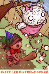 Rule 34 | 1boy, 1girl, 2009, 4chan, artist request, birthday, blindfold, blindfold slip, brown shorts, bush, candy, character name, child, dated, english text, fence, food, frown, grass, green eyes, green hair, koiwai yotsuba, moot, multicolored shirt, open mouth, outdoors, pinata, pink shirt, raglan sleeves, red shirt, shirt, shorts, stick, white shirt, yotsubato!